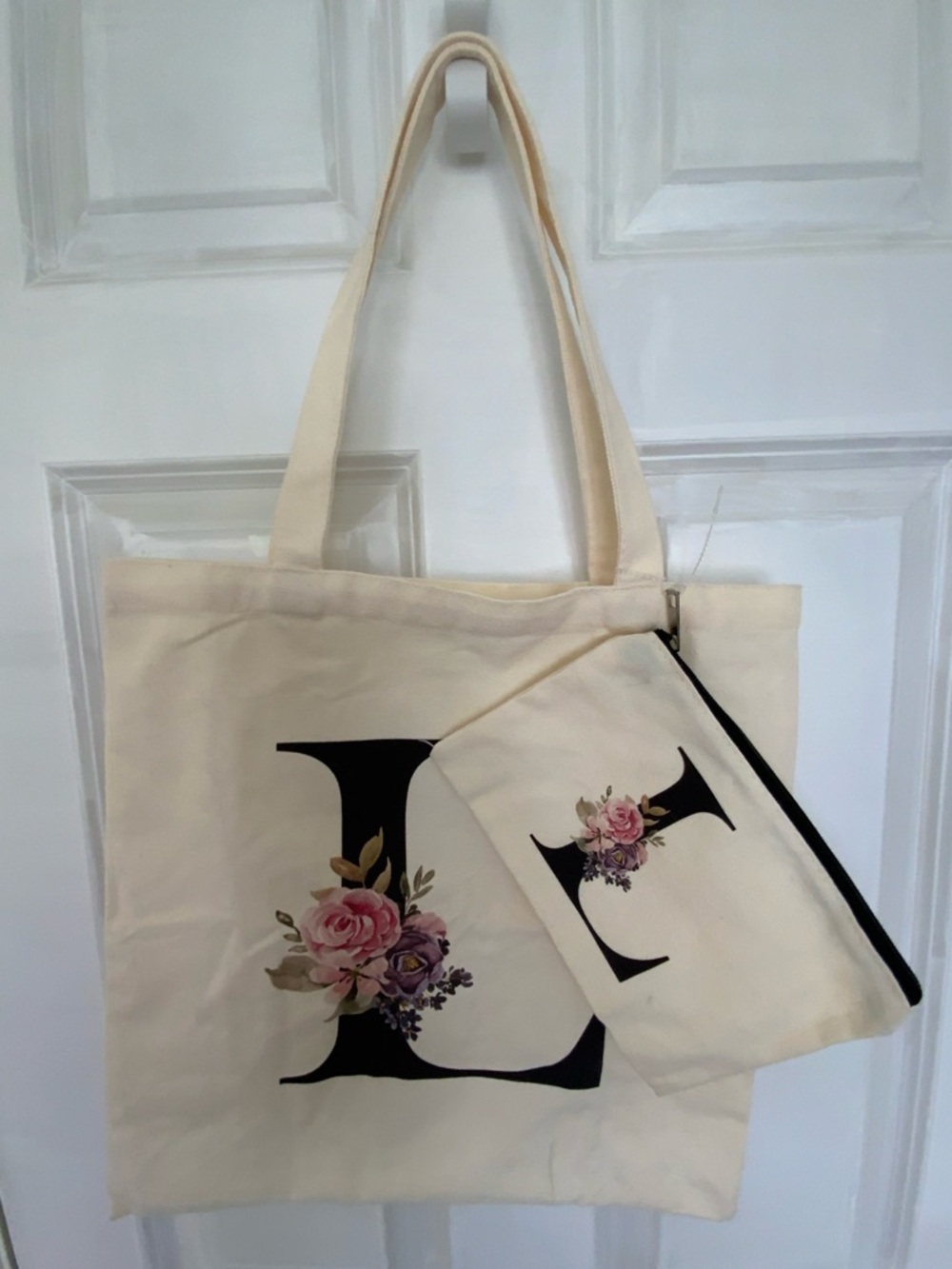 Monogram Floral Canvas Tote Bag with Matching Pouch - Cream